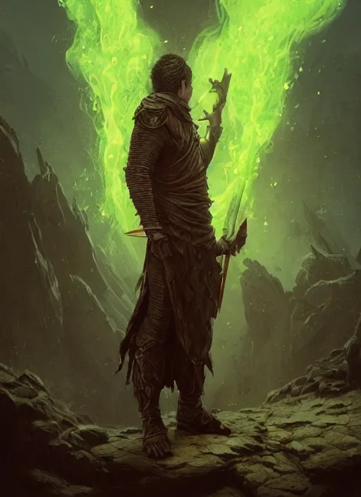 Image similar to a man with a missing an arm wearing a leather cloak while he is holding a spear made entirely of green fire, fearsome, beautiful, DnD character art portrait, mythical creature, male, plate armor, matte fantasy painting, DeviantArt Artstation, by Beeple Gustave Dore Jason Felix by Steve Argyle by Tyler Jacobson by Peter Mohrbacher, cinematic lighting, dramatic lighting, cinematic, establishing shot, extremely high detail, photo realistic, cinematic lighting, post processed, concept art, artstation, matte painting, style by eddie mendoza, raphael lacoste, alex ross,