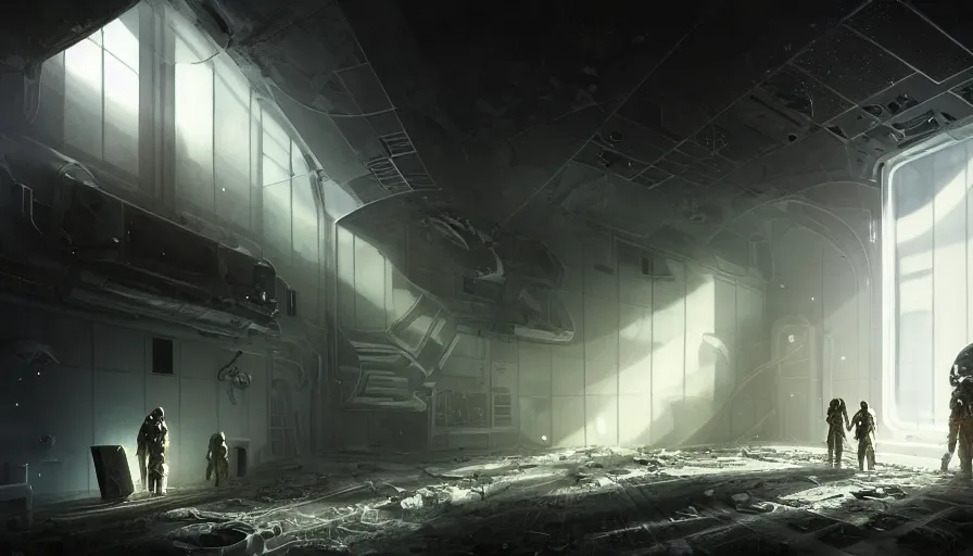 Image similar to high tech nomands exploring abandoned laboratory on moon, lunar station, space race, scifi, dark scifi, space horror, light, shadows, reflections, steam, epic composition, intricate, elegant, volumetric lighting, digital painting, highly detailed, artstation, sharp focus, illustration, concept art, ruan jia, steve mccurry