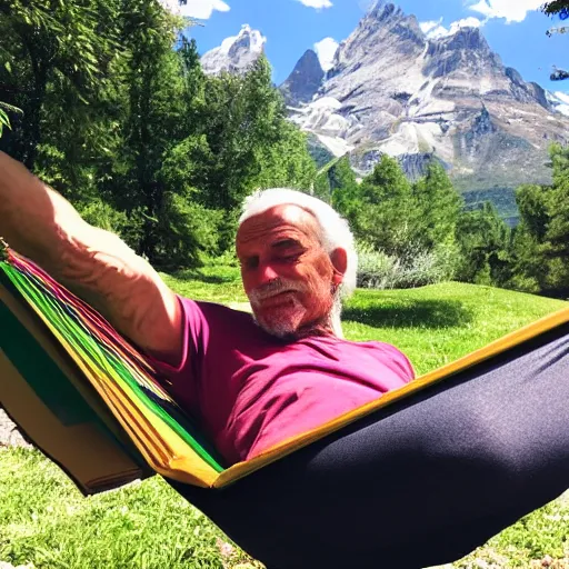 Image similar to my older italian wise friend on a hammock, reading new book, gravity is strong, he is very relaxed, mountains in a background