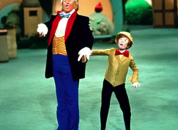 Image similar to film still of Donald Trump as Peter Pan in Willy Wonka's and the Chocolate Factory 1971