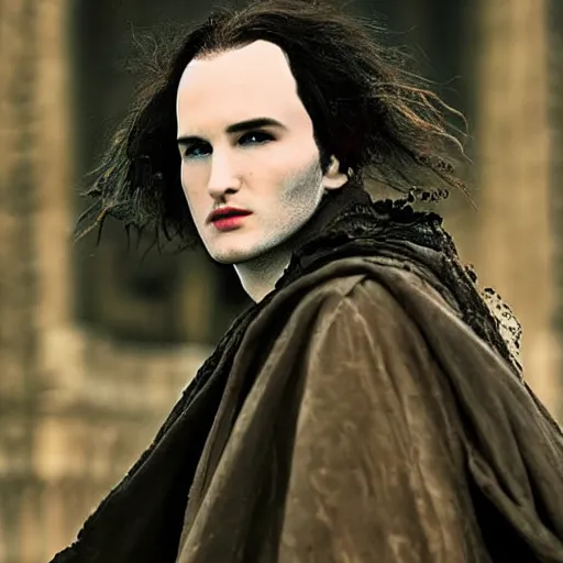 Image similar to portrait of the sandman morpheus ， no beard tom sturridge, and eyes like stars, rules dream world, with dream kingdom in the background,, wearing dark cloak