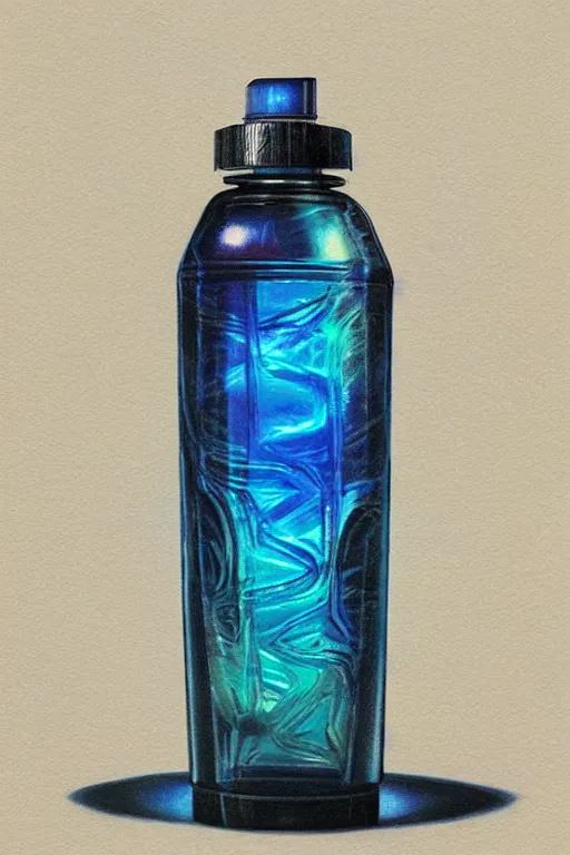 Image similar to concept art of a rolex - star wars blue magenta iridescent liquid dietary supplement in a transparent bottle with big black sticker on it by aenaluck, artgerm and roberto ferri and greg rutkowski, blue and white tones, digital painting, artstation, concept art, smooth, sharp foccus ilustration hq