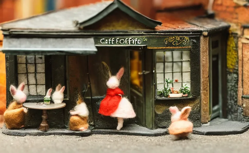 Image similar to miniature cafe diorama macro photography, cafe with felted bunnies, alleyway, ambient, atmospheric, british, cozy, bokeh, romantic