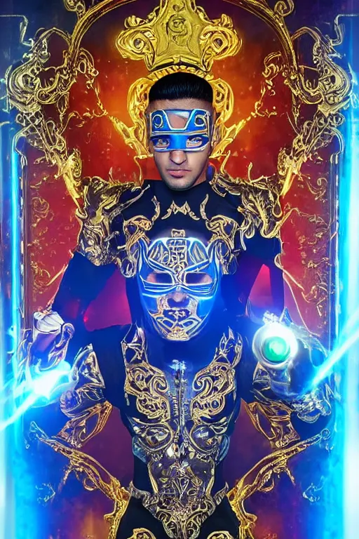 Image similar to full-body sculpture of a young handsome Zayn Malik as a mexican luchador cibernetic android with a glowing blue battery in his chest, white laser beam coming out of his eyes, crown of giant diamonds, flowing neon-colored silk, fabric, raptors, in a cyperbunk and baroque style. baroque elements. full-length view. baroque element. intricate artwork by caravaggio. many many birds birds on background. Trending on artstation, octane render, cinematic lighting from the right, hyper realism, octane render, 8k, depth of field, 3D