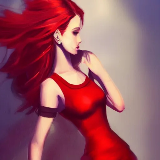 Prompt: a beautiful artwork of a woman with red dress and red hair by riot games, featured on artstation