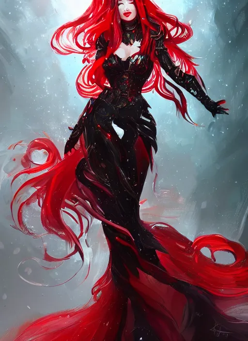 Image similar to a highly detailed illustration of elegant long black haired woman wearing red and black battle dress, heroically posing, with rainbow magic surrounding her, intricate, elegant, highly detailed, centered, digital painting, artstation, concept art, smooth, sharp focus, league of legends concept art, WLOP