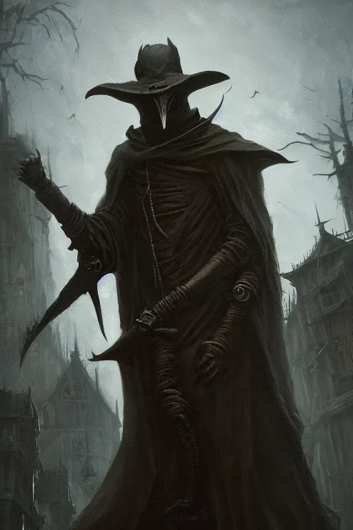 Image similar to A closeup of a Plague Doctor by Greg Rutkowski, Dan Mumford, Christophe Vacher, Bloodborne, 4k photorealistic, volumetric lighting, HD, high details, dramatic, dark atmosphere, trending on artstation