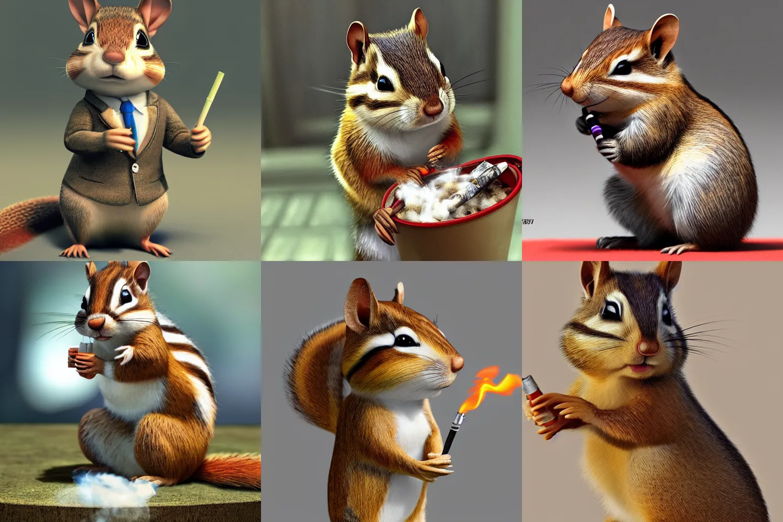 Prompt: a high quality photo of a chipmunk wearing a suit and smoking, render, ultra realistic, cgsociety