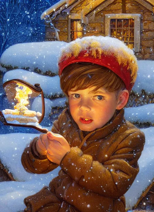 Image similar to close-up portrait of little boy wearing a little backpack finding a gingerbread house in the snow, winter scene fantasy, fireflies, torch light, scary creatures in background, intricate, elegant, highly detailed, centered, smooth, sharp focus, Donato Giancola, Joseph Christian Leyendecker, WLOP, Boris Vallejo, Artgerm