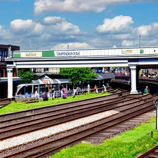 Image similar to idyllic photo of wimbledon station on the summer, beautiful weather, very very detailed, 8 k