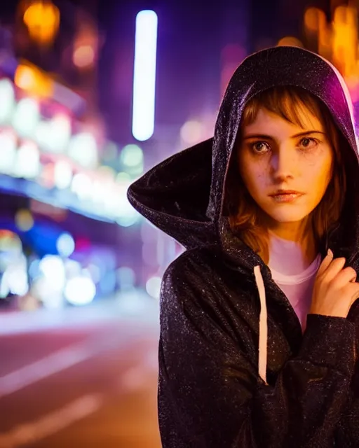 Image similar to a closeup portrait of as beautiful young woman wearing a transparent wet hoody standing in the middle of a busy night road, with lots on neon lights on the background, very backlit, moody feel, dramatic