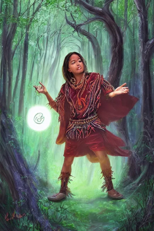 Image similar to aztec sorcerer casting a powerful spell in a dark forest, by lilia alvarado, lilia alvarado art, digital painting, digital art,