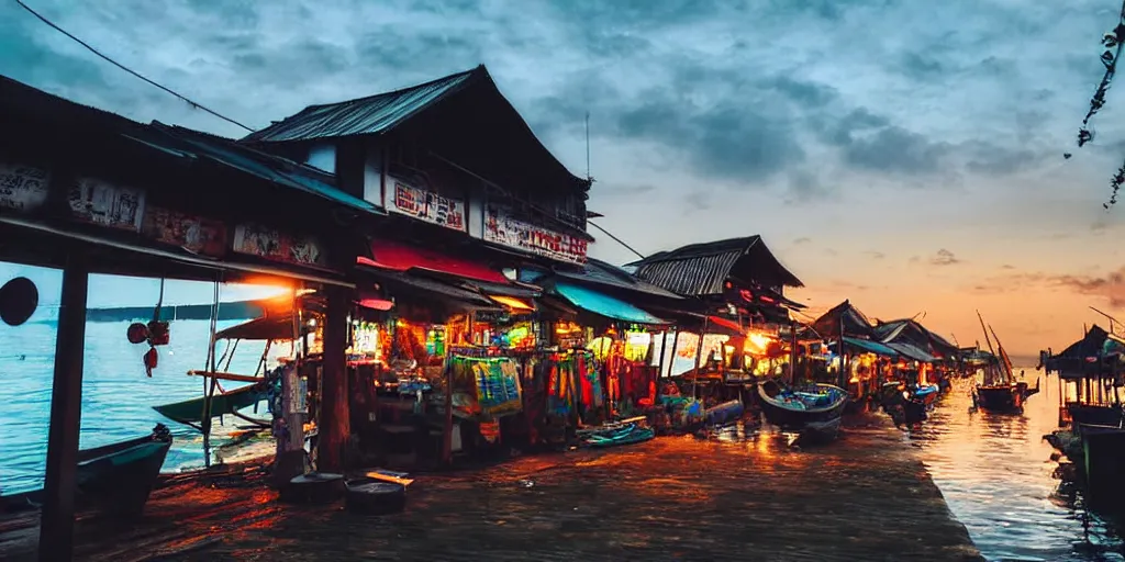 Image similar to close - up of shops at pulau indah fishing village, near a jetty, early morning, detailed matte painting, low angle view, telephoto lens, bokeh, studio ghibli, artstation