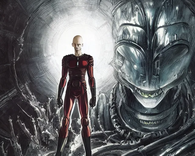 Image similar to one punch man by h. r. giger and greg rutkowski - elden ring