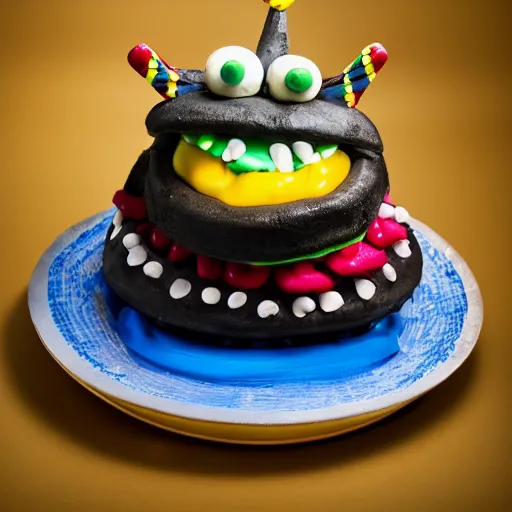 Prompt: monster made out of birthday cake, food photography, studio lighting