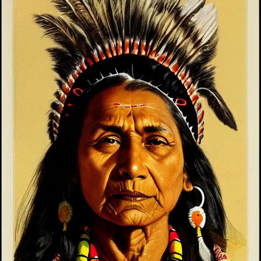 Image similar to head and shoulders portrait of native indian woman, fierce, snarling, fully clothed, three quarter profile, norman rockwell, ryan pancoast