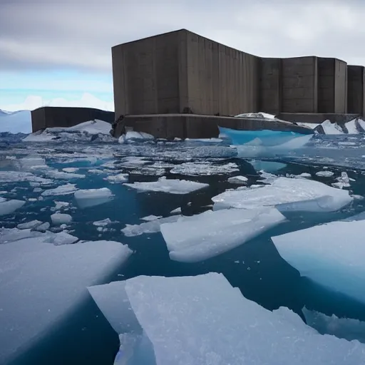 Image similar to antarctic landscape filled with brutalist architecture, sprawling, castles, urban decay, bustling