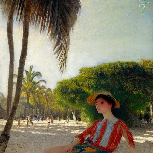 Image similar to a ultradetailed beautiful painting of a girl in the amazonas palace designed by jules bastien - lepage, hans belmer, frank weston and gustave baumann, beach, trending on artstation, mediterranean, palm trees, light sparkles, sharp focus, soft light, 8 k 4 k