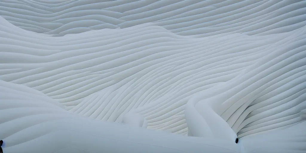 Prompt: biomorphic inflatable structures in white exhibition space by nancy davidson, film still from the movie directed by denis villeneuve with art direction by zdzisław beksinski, telephoto lens, shallow depth of field