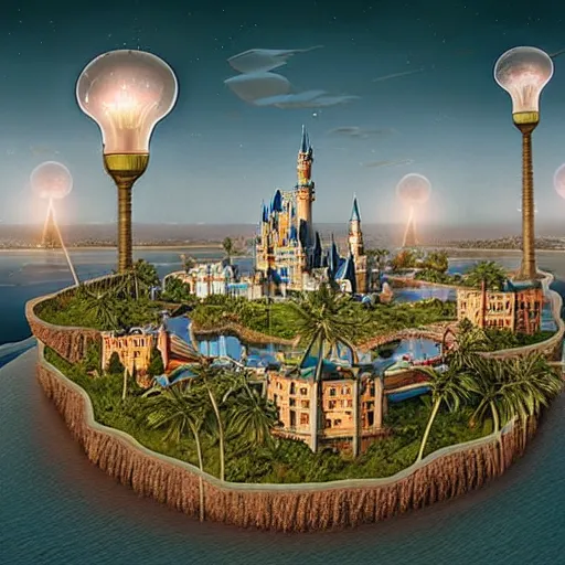 Image similar to the disney castle surrounded by giant palm trees on a giant floating island in the sky at night, a huge light bulb illuminates the island from above, cinematic, digital art by erik johansson, 8 k resolution, hyper detailed, sharp focus