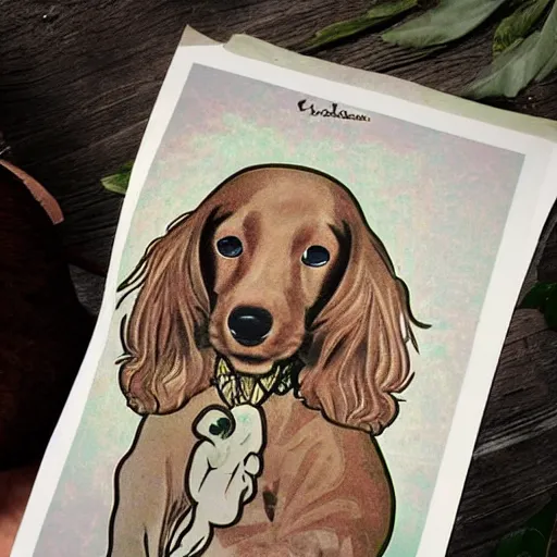 Prompt: a cute cocker spaniel dog in the style of alphonse mucha