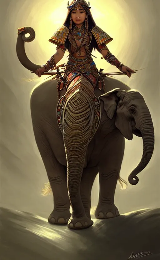 Prompt: magic tribal ethnic asian female, riding a war elephant, contrast lightning, deep focus, d & d, fantasy, intricate, elegant, highly detailed, digital painting, artstation, concept art, matte, sharp focus, illustration, hearthstone, art by artgerm and greg rutkowski and alphonse mucha