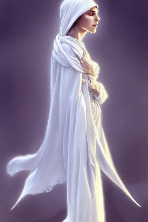 Prompt: beautiful mage dressed in white with a shawl, D&D, fantasy, masterpiece, medieval, life drawing, intricate, elegant, highly detailed, digital painting, artstation, concept art, smooth, sharp focus, master illustration, art monet and mucha