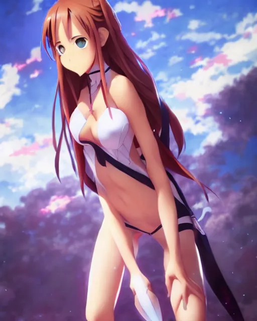 Image similar to photo of asuna from sao, asuna by a - 1 pictures, by greg rutkowski, artgerm, gil elvgren, rossdraws, enoch bolles, glossy skin, pearlescent, anime, very coherent, maxim magazine, trending