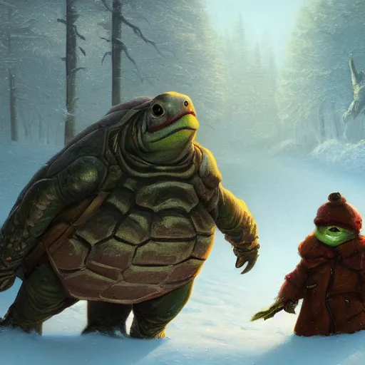 Prompt: anthropomorphic turtle humanoid, turtle shell, turtle shell, turtle shell, greg rutkowski, tim hildebrandt, winter, snow, night, furs, fantasy