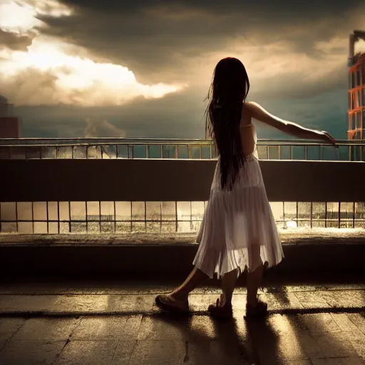 Prompt: cinematic scene of a young mexican woman wearing a wet short white dress and looking up to the raining sky smiling with her arms stretched out in a cyberpunk city at sunset,