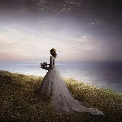 Prompt: Southern Gothic scene of a bride looking the distant shore, painted by Michal Karcz