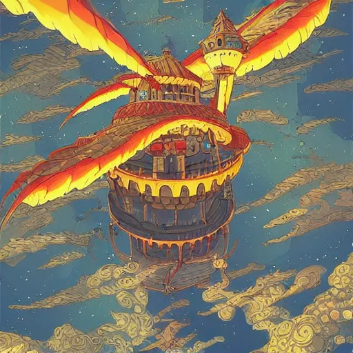 Image similar to intricate illustration, of flying castle, ghibli colorful, cinematic composition