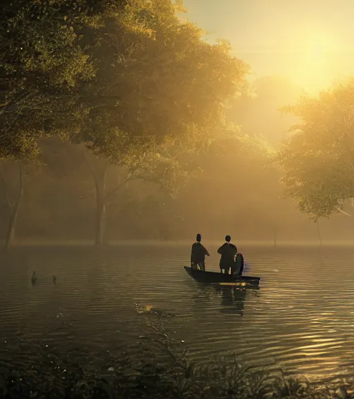 Image similar to three humans in a boat with a reflection of three crows in a swamp, volumetric lighting, fog, majestic light, octane render, ethereal glare of the sun, hyperrealistic, epic, masterpiece, by makoto shinkai