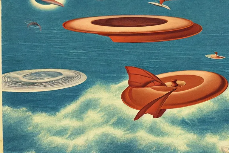 Image similar to two flying saucers battling over the ocean. art by george philip reinagle.