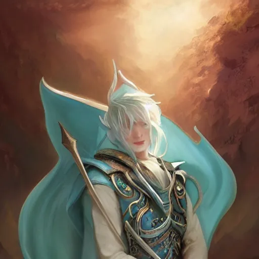 Image similar to handsome male snow elf in a turquoise cape and silver ornate armour as an archer, albino skin, pointed ears, ethereal opalescent mist, moonlight snow, fantasy art, perfect face, elegant, very coherent symmetrical artwork, atmospheric lighting, rule of thirds, by wenjun lin, krenz cushart, charlie bowater, trending on artstation