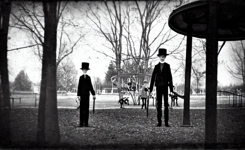 Image similar to a old daguerreotype photo of the slender man, standing still, waiting next to a merry go round in a kids park, grainy, old photo, golden ratio, scary, horror photography, 5 0 mm lens, f 1. 8