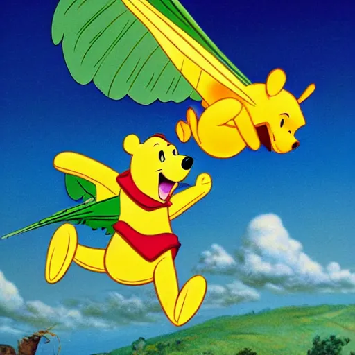Prompt: Winnie the Pooh riding a flying parakeet dragon, the wings are made of pizza, budgie bird, high resolution photo
