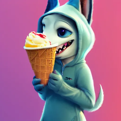 Prompt: furry art of female shark walking down the street holding an icecream cone, digital art, artstation, 4K, detailed, wearing yellow hoodie, zootopia, detailed face, anthromorphic,