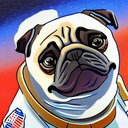 Image similar to pixel art, oil canvas, highly detailed, astronaut pug in space.