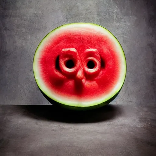 Prompt: a watermelon with the face of mike ehrmantraut carved into it. realistic photograph, intricate details