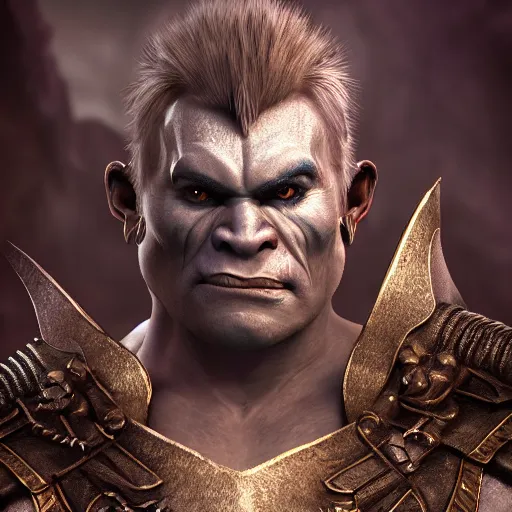 Image similar to full body portrait of half orc cleric, dungeons and dragons, male, wearing eye shadow, ornate armor, shallow depth of field, highly detailed, photograph, volumetric lighting, dynamic pose