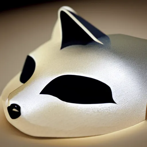 Prompt: a realistic photo of a beautiful white and gold fox mask, laying on a cherrywood desk, with spot lighting showing off the vivid gold details of the mask, f/1.8 32mm lens, 4K award winning, trending on artstation