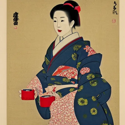 Image similar to a Portrait up to the chest, a Japanese woman, smooth, wearing a kimono made of cherry blossoms,holding a cola can,smiled sardonically, created by Raffaello Sanzi.