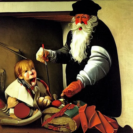 Image similar to Father Christmas stuck in a chimney. Painted by Caravaggio