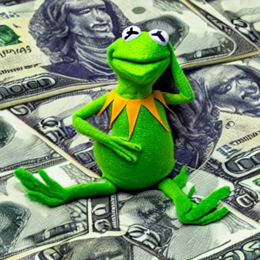 Image similar to Kermit the frog on top of a pile of money, laughing maniacally, big smile, full body, high definition