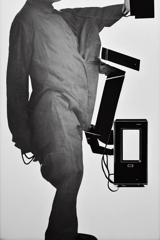 Prompt: a minimalist portrait of Marcel Duchamp holding computer cables in the style of Annie Leibovitz, Irving Penn, Hito Steyerl, Akira Kurosawa, Shinya Tsukamoto, line drawing and 35mm film, wide angle, monochrome, futuristic tetsuo