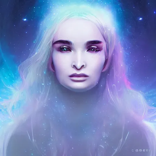 Image similar to an epic cinematic ethereal portrait made of stardust of kim petras with her eyes closed as part of the fabric of the universe and existence, galaxies, stars, nebulas, artstation trending, cgsociety, instagram