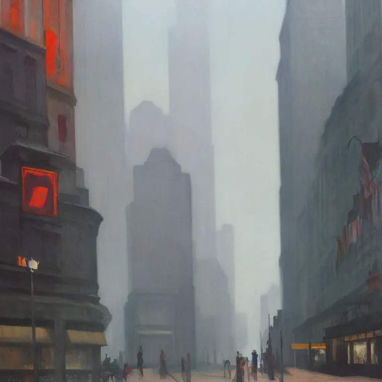 Image similar to city fog, early morning, streets with trash, painted by Edward Hopper, painted by Wayne Barlow, airbrush