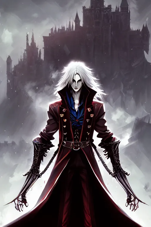 Image similar to alucard standing alone, castlevania, by stanley artgerm lau, wlop, rossdraws, james jean, andrei riabovitchev, marc simonetti, and sakimi chan, trending on artstation