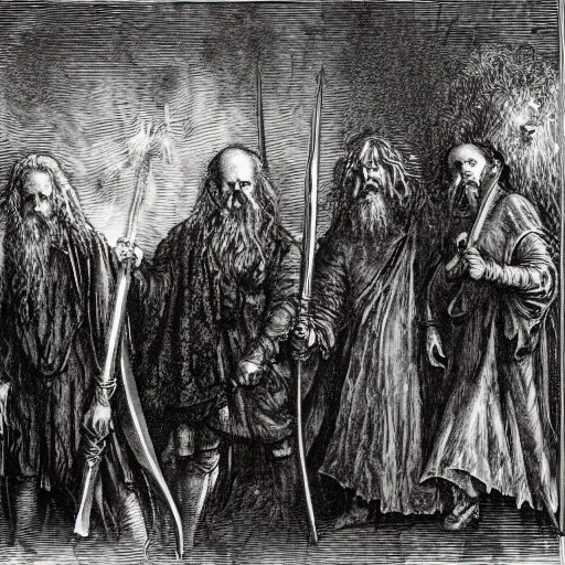 Image similar to the fellowship of the ring, by gustave dore and albrecht durer